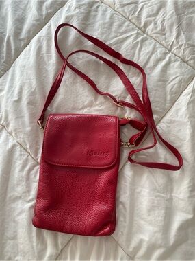 Compact Red Pebbled Leather Crossbody Bag with Flap